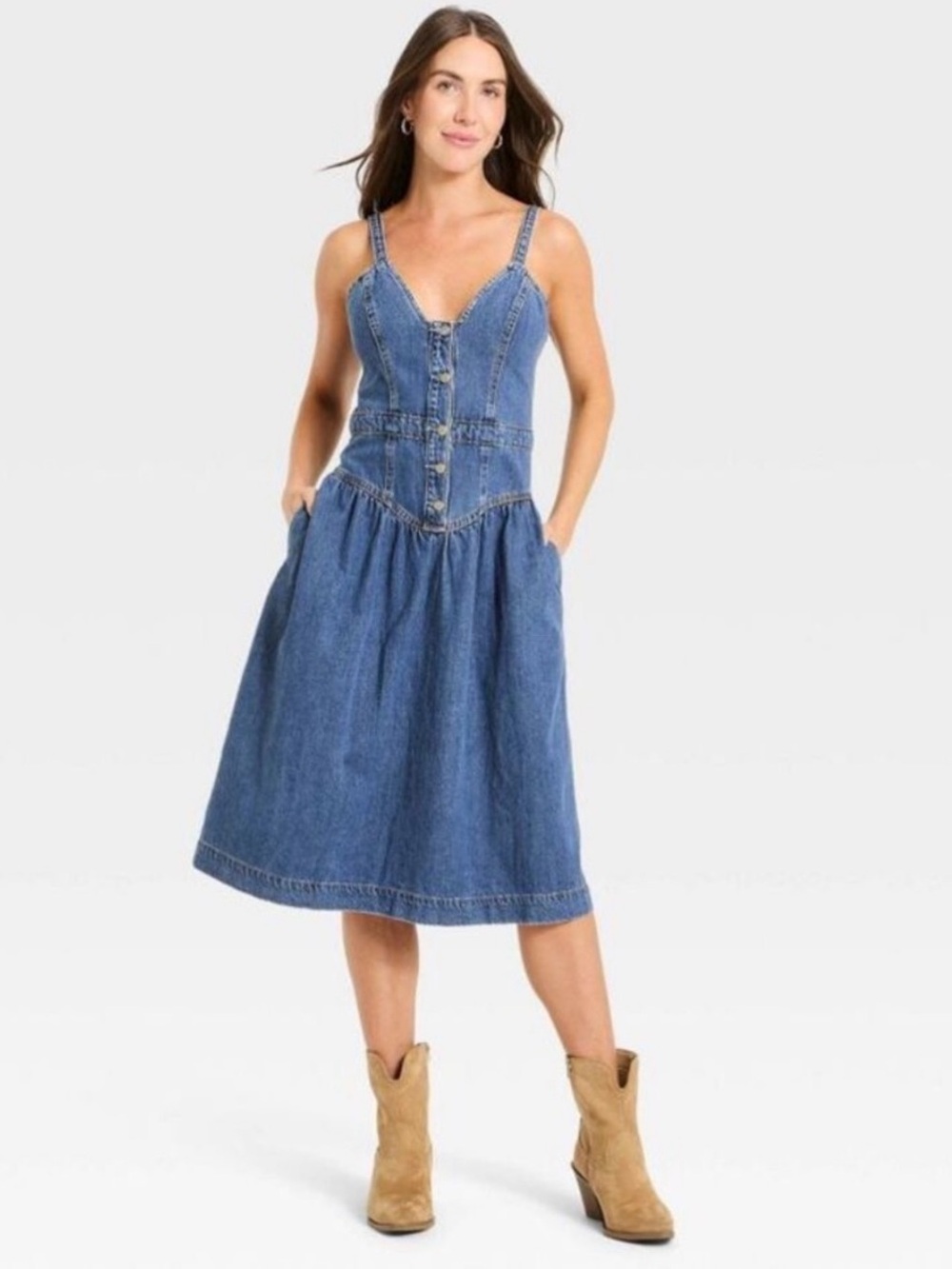Universal Thread Women Sleeveless Corset Denim Midi Dress w/Pockets Sz 6 NWOT